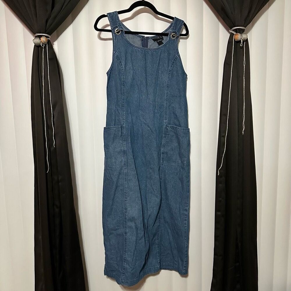 Blue J denim suspenders type blue dress , 2 front pockets, zippered back , slit